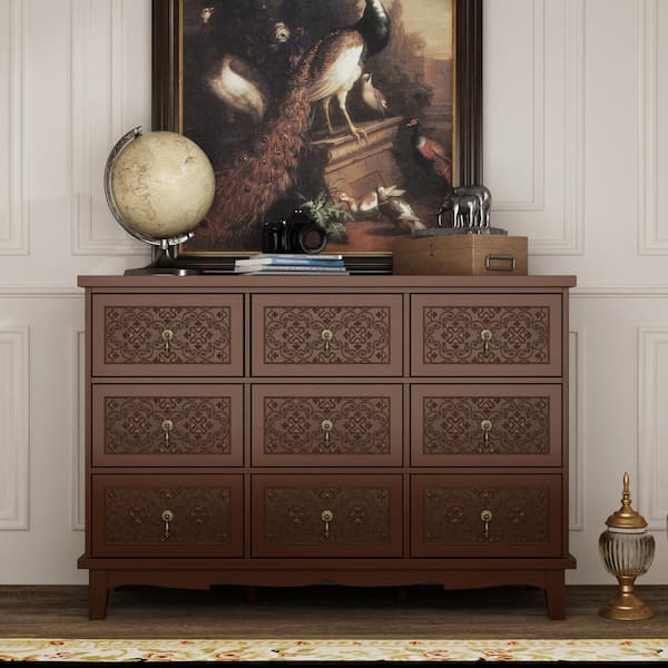 FUFU&GAGA Walnut Brown Wooden Grain 9-Drawer, 47.2 in. Width Wood Chest of Drawers, Accent Storge Cabinet, Console Table