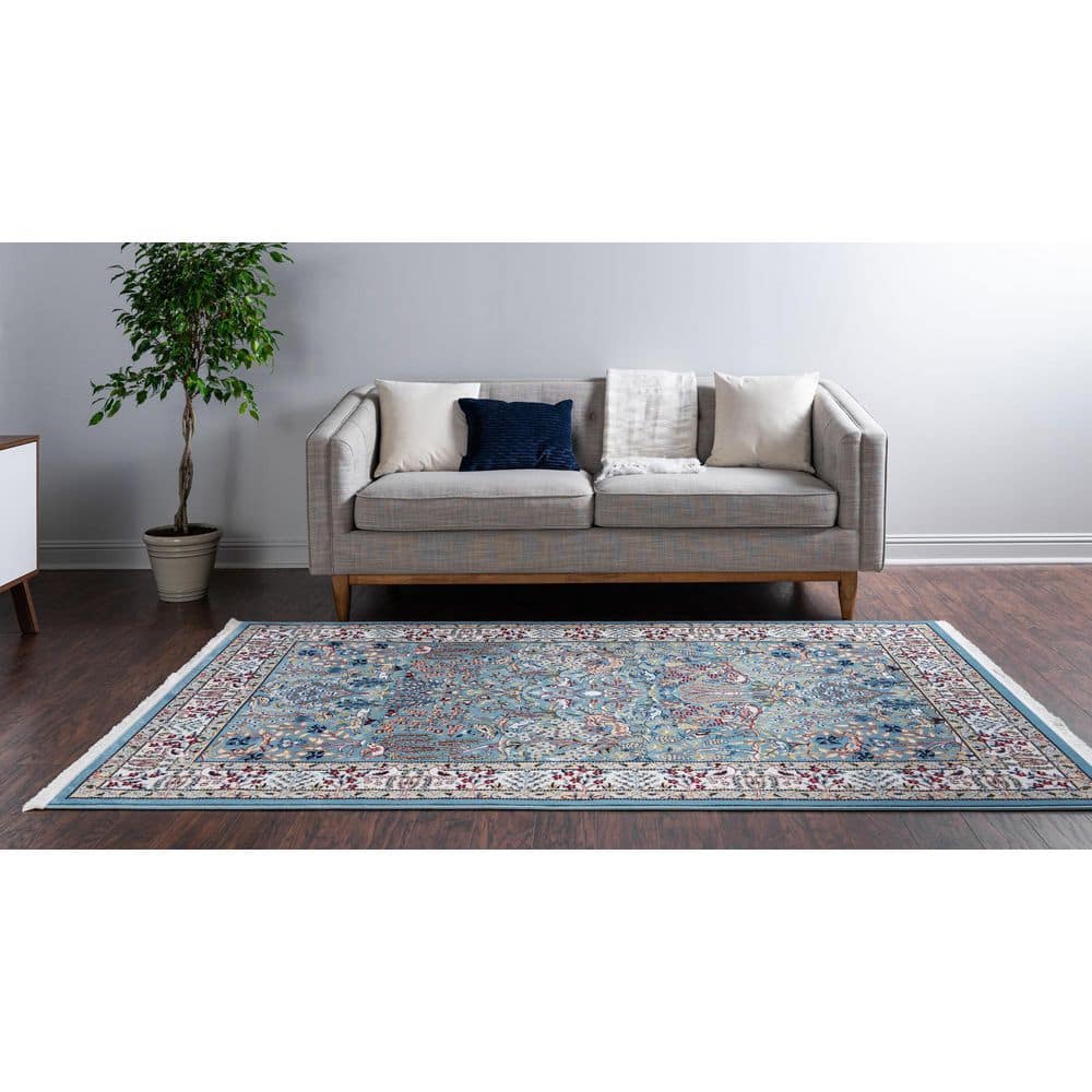 Elegant Blue Floral Rectangular Indoor Rug 5' x 8'