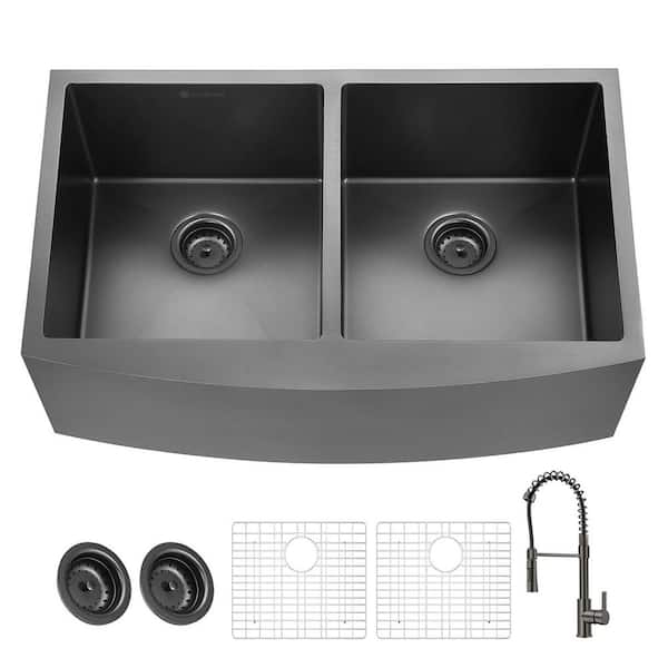Glacier Bay 36 in. Farmhouse/Apron-Front Double Bowl 18 Gauge Gunmetal Black Stainless Steel Kitchen Sink with Spring Neck Faucet