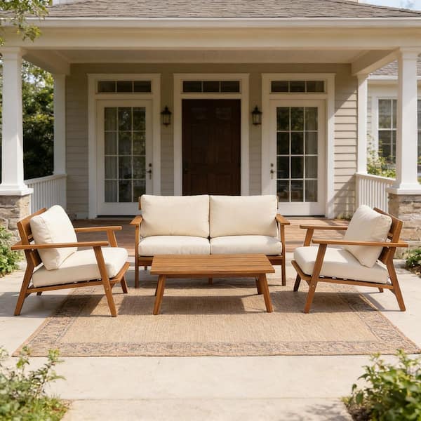 Renata 4-Piece Acacia Wood Patio Outdoor Conversation Set with Beige Cushions, Loveseat & Chairs, Teak Coffee Table