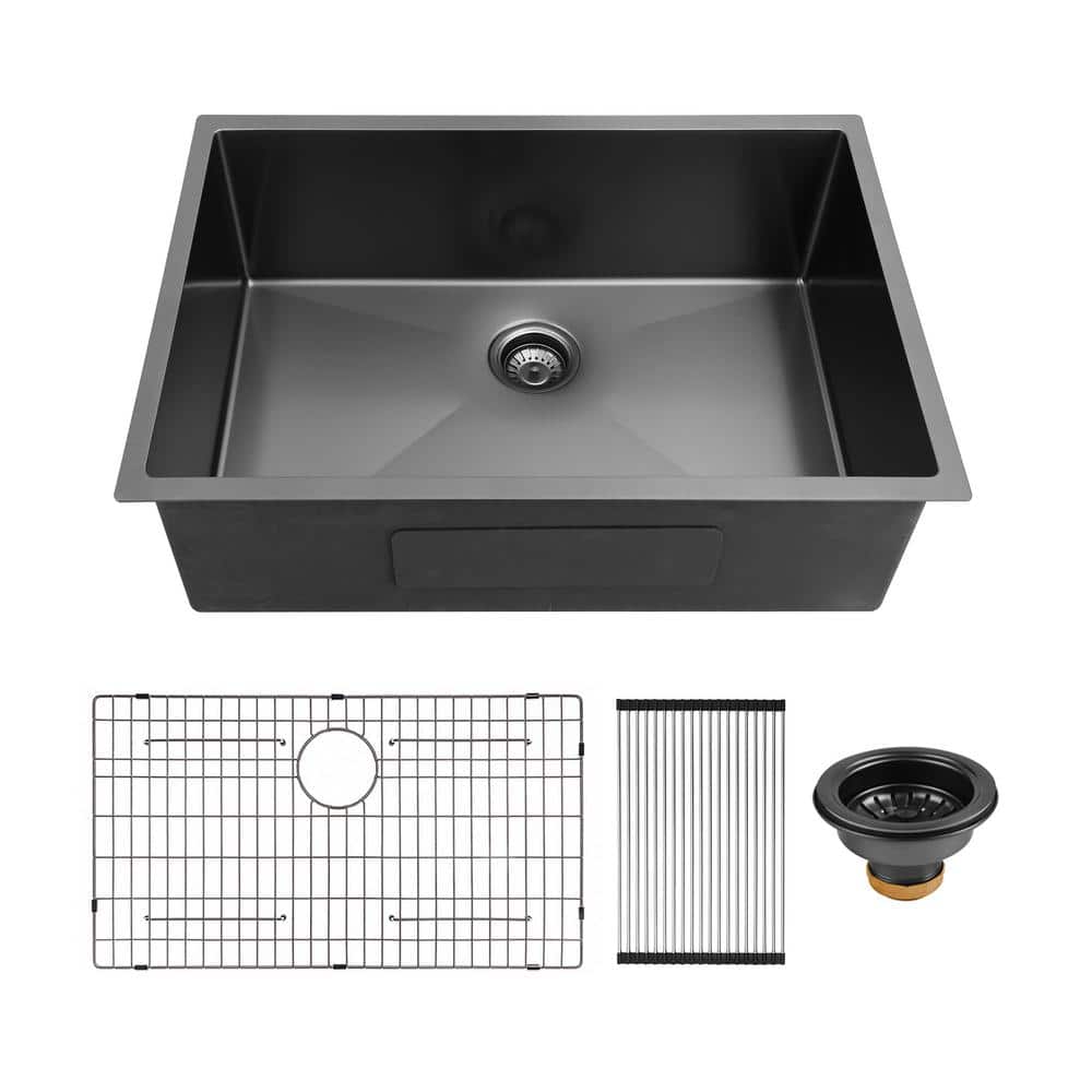 30 in Undermount Single Bowl Antique Black Stainless Steel Kitchen Sink with Bottom Grid and Basket Strainer