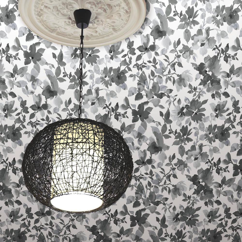 Black and White Watercolor Floral Peel and Stick Wallpaper Roll