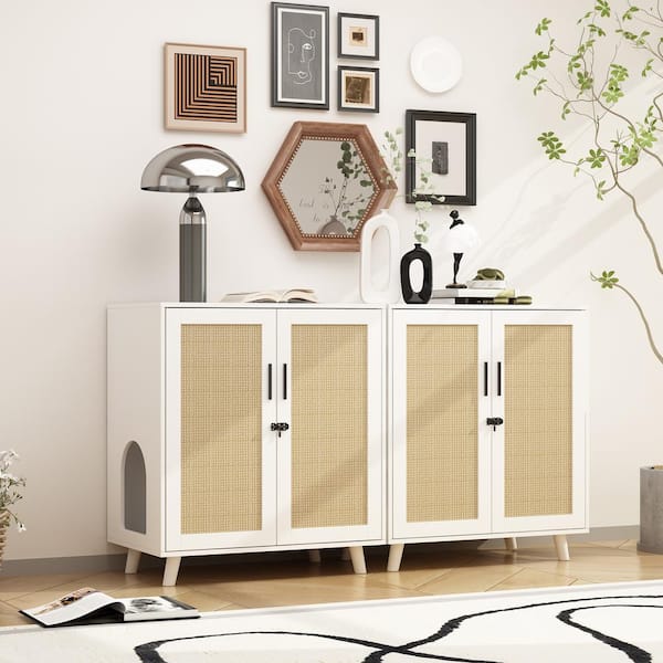 Modern Cat Litter Box Enclosure, White Hidden Litter Box Furniture Cat Washroom Storage With Lock Sisal Door for Rooms