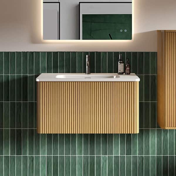 Staykiwi 30 in. W x 18 in. D x 16 in. H Single Sink Wall Mounted Floating Bath Vanity in Oak with White Ceramic Top
