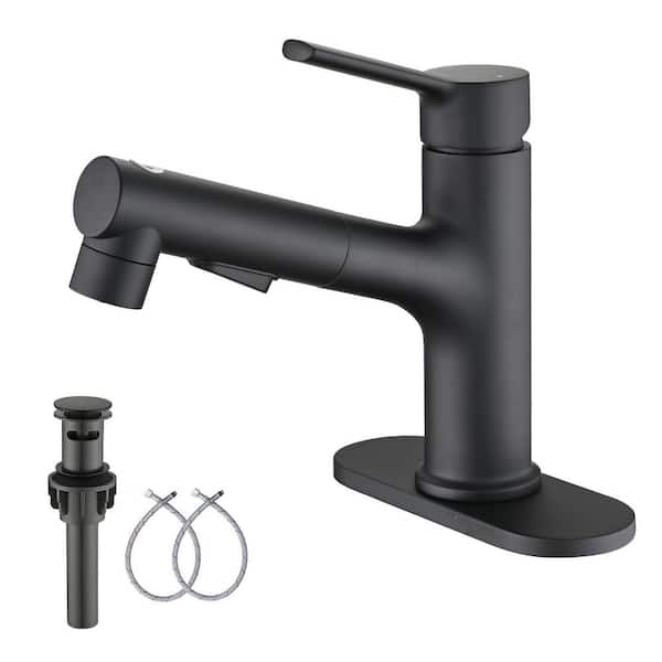 Single Handle Pull Out Sprayer Single Hole Bathroom Faucet Deckplate and Pop Up Drain Included in Matte Black