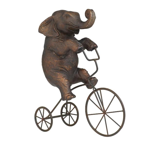 Litton Lane 11 in. x 14 in. Bronze Polystone Elephant Sculpture with Bicycle