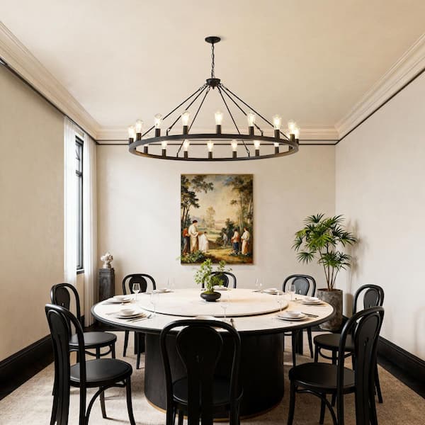 18-Light Black Wagon Wheel Chandelier, 53in. Adjustable Pendant Light for Dining Room and Living Room(No Bulbs)