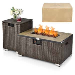 32 in.x 20 in. Propane Rattan Fire Pit Table Set w/Side Table Tank & Cover 40,000 BTU