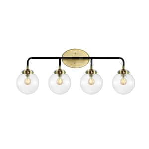 Caleb 30.75 in. 4-Light Contemporary Transitional Iron/Glass LED Vanity Light, Brass Gold/Black