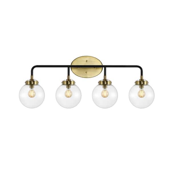 Caleb 30.75 in. 4-Light Contemporary Transitional Iron/Glass LED Vanity Light, Brass Gold/Black