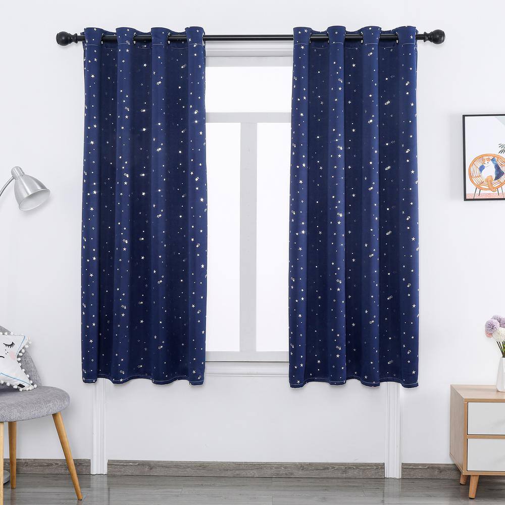 Pro Space Navy Blue 52 in. W x 84 in. L Grommet Sparkly Star Printed Blackout Room Darkening for