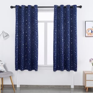 Navy Blue 52 in. W x 84 in. L Grommet Sparkly Star Printed Blackout Room Darkening for Kids Bedroom Curtain