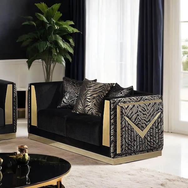 Furniture of America Ulinon 66 in. Black Velvet and Gold Trim Zebra Print Fabric 2-Seater Loveseat with Tight Back and Track Arms