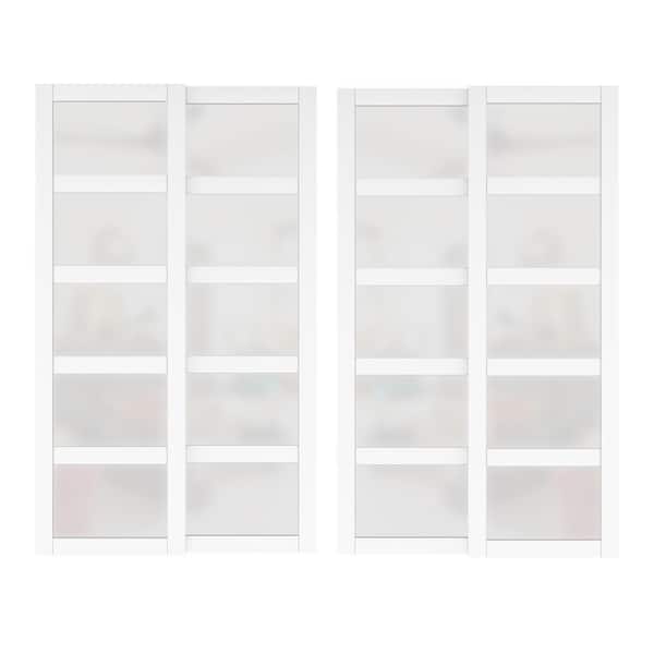 TENONER 96in x 80in (Double 48" Doors), MDF wood, White Double Frosted Glass 5 Panel Sliding Door with All Hardware