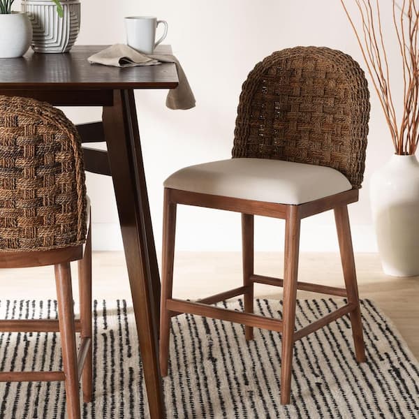 Denver 23 in. White and Walnut Brown Wood Counter Stool with Woven Seagrass