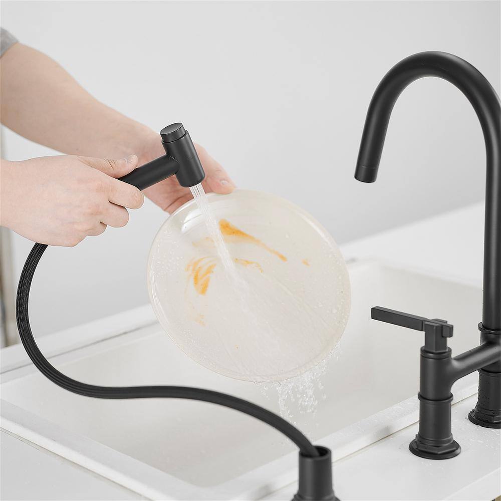 Matte Black Brass Bridge Kitchen Faucet with Side Sprayer
