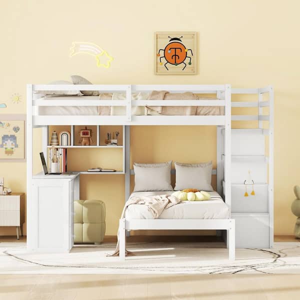 White Wood Frame Full over Twin Bunk Bed with Built-in Desk, Multiple Drawers, Storage Staircase