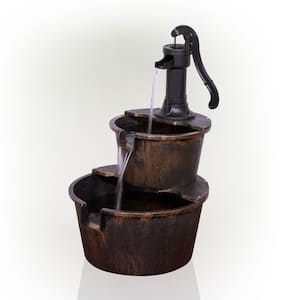 27 in. Tall 2-Tier Barrel and Pump Waterfall Fountain, Bronze Finish