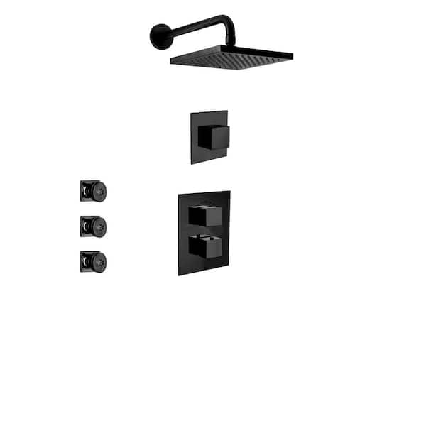 LaToscana Quadro 3-Handle 2-Spray Square Shower Faucet with 3 Body Jets in Matte Black (Valve Included)