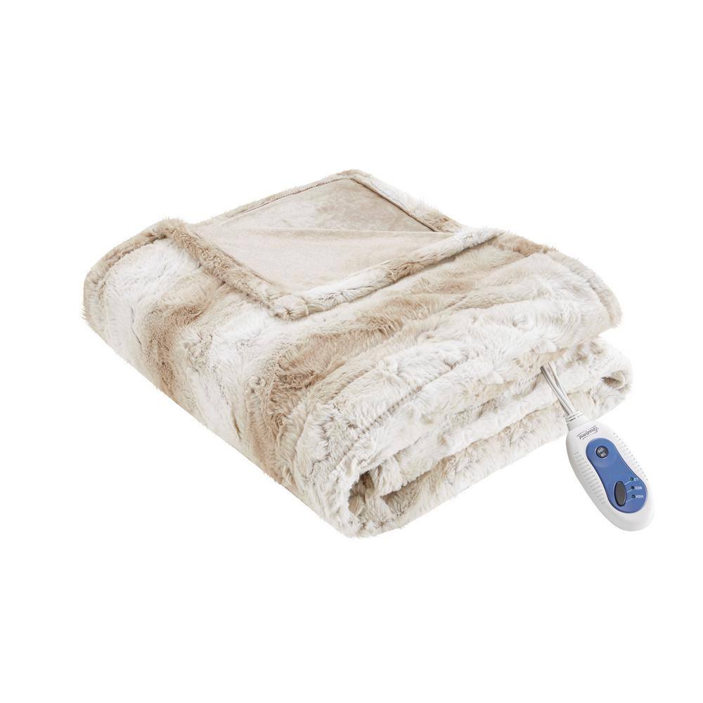 Sand Reversible Faux Fur Electric Heated Throw Blanket