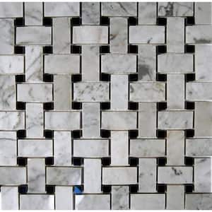 Magnolia Weave White Carrera 3/4 in. x 2 in. with Black Dot 1/2 in. x 1/2 in. Marble Floor and Wall Tile