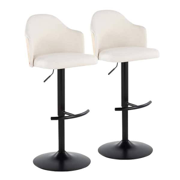 Lumisource Ahoy 33 in. Cream Fabric, Natural Wood and Black Metal Adjustable Bar Stool with Rounded T Footrest (Set of 2)