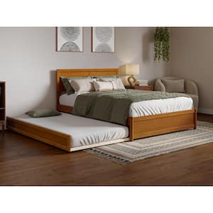 Lylah Light Toffee Natural Bronze Solid Wood Frame Full Platform Bed with Panel Footboard and Twin Trundle