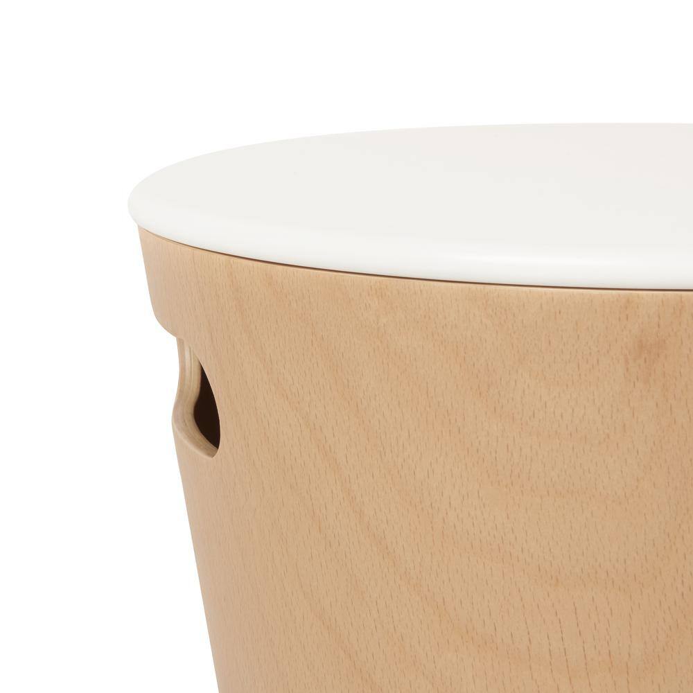 White and Light Wood Round Storage Ottoman Stool