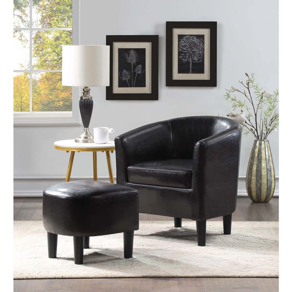 Contemporary Black Faux Leather Barrel Accent Chair and Ottoman