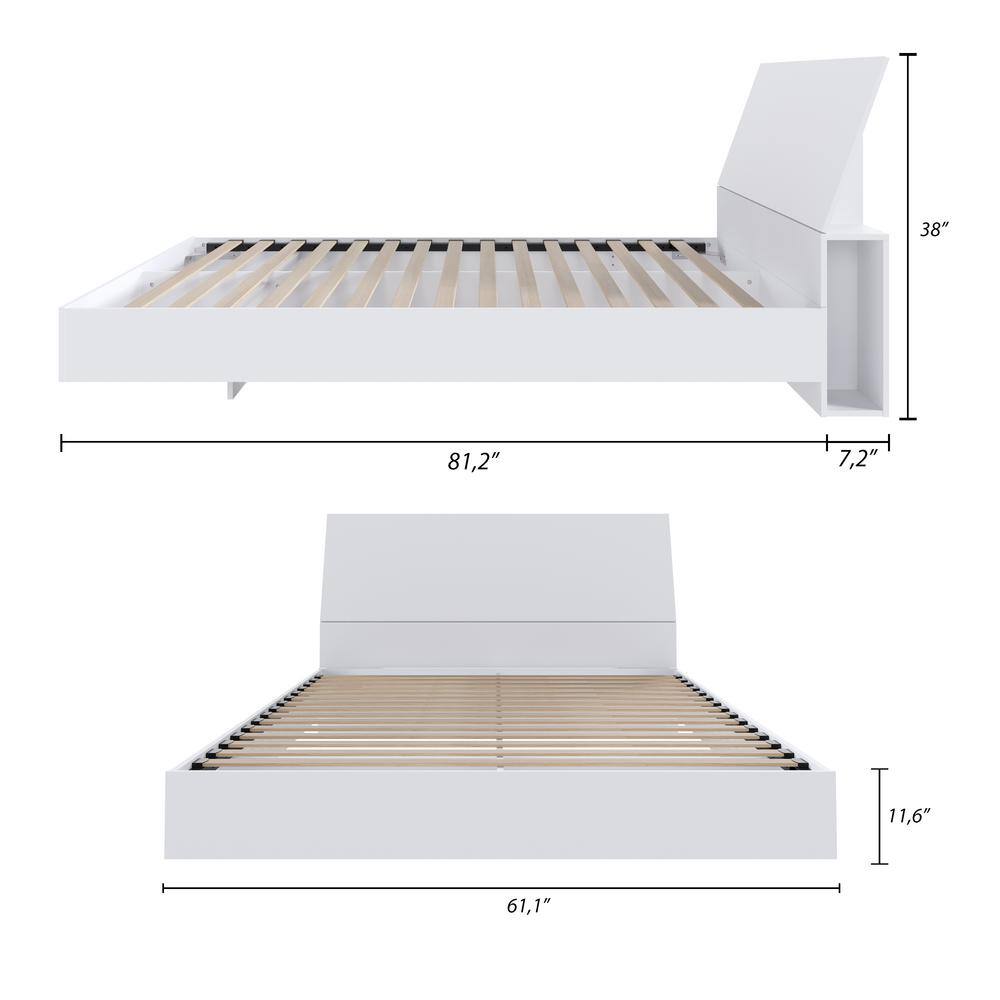 Paris Queen White Floating Platform Bed with Lateral Storage Headboard