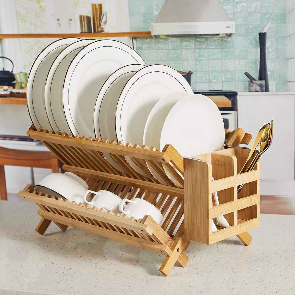 Lynzavix Natural Bamboo Collapsible 2-Tier Wooden Dish Rack with