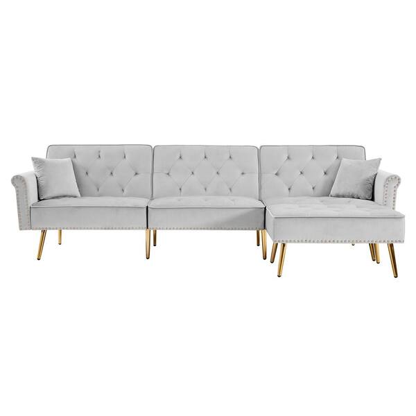 GODEER 110 in. W 2-Piece Velvet Reversible Sectional Sofa Bed, L-Shaped Couch with Movable Ottoman in Light Gray