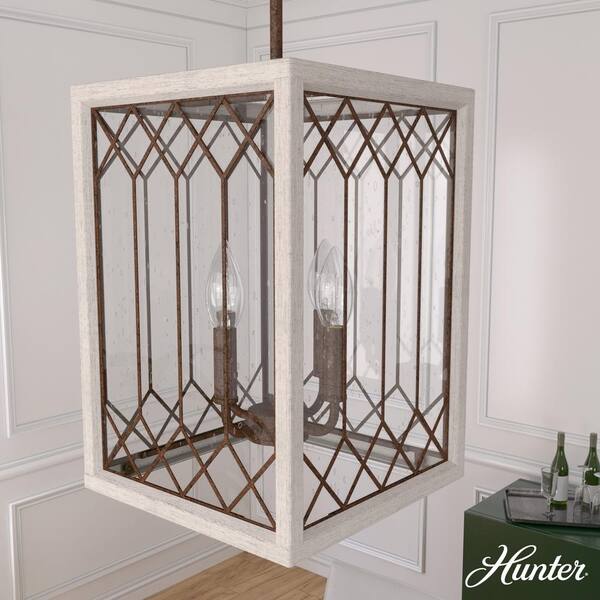 Hunter Chevron 4-Light Distressed White Island Pendant Light with Seeded Glass Shade