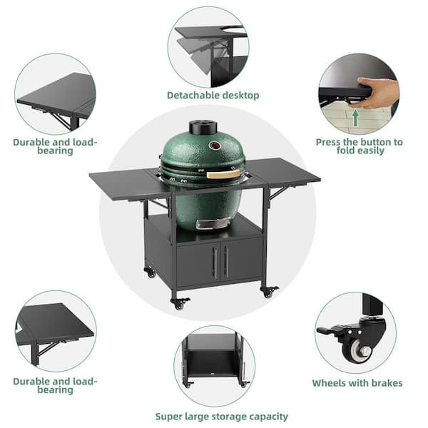 1-Piece 59.2 in. W Black Metal Outdoor Grill Table for Big Green