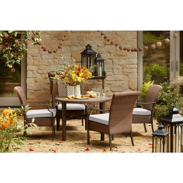 Hampton Bay Harper Creek Brown 5 Piece Steel Outdoor Patio Dining Set With Cushionguard Chalk White Cushions H089 01396100 The Home Depot 5 Piece Steel Outdoor Patio Dining Set, Sears Outdoor Furniture Bar Set