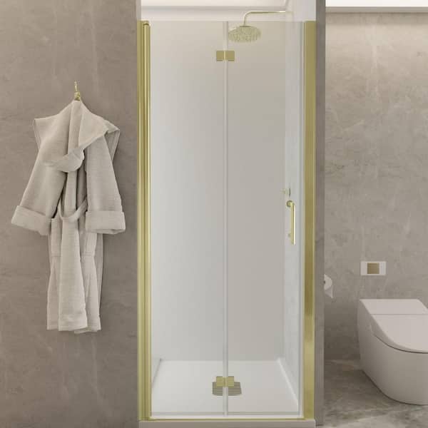 ES-DIY 32-33 in. W x 72 in. H Bi-Fold Frameless Shower Door in Brushed Gold with Clear Glass