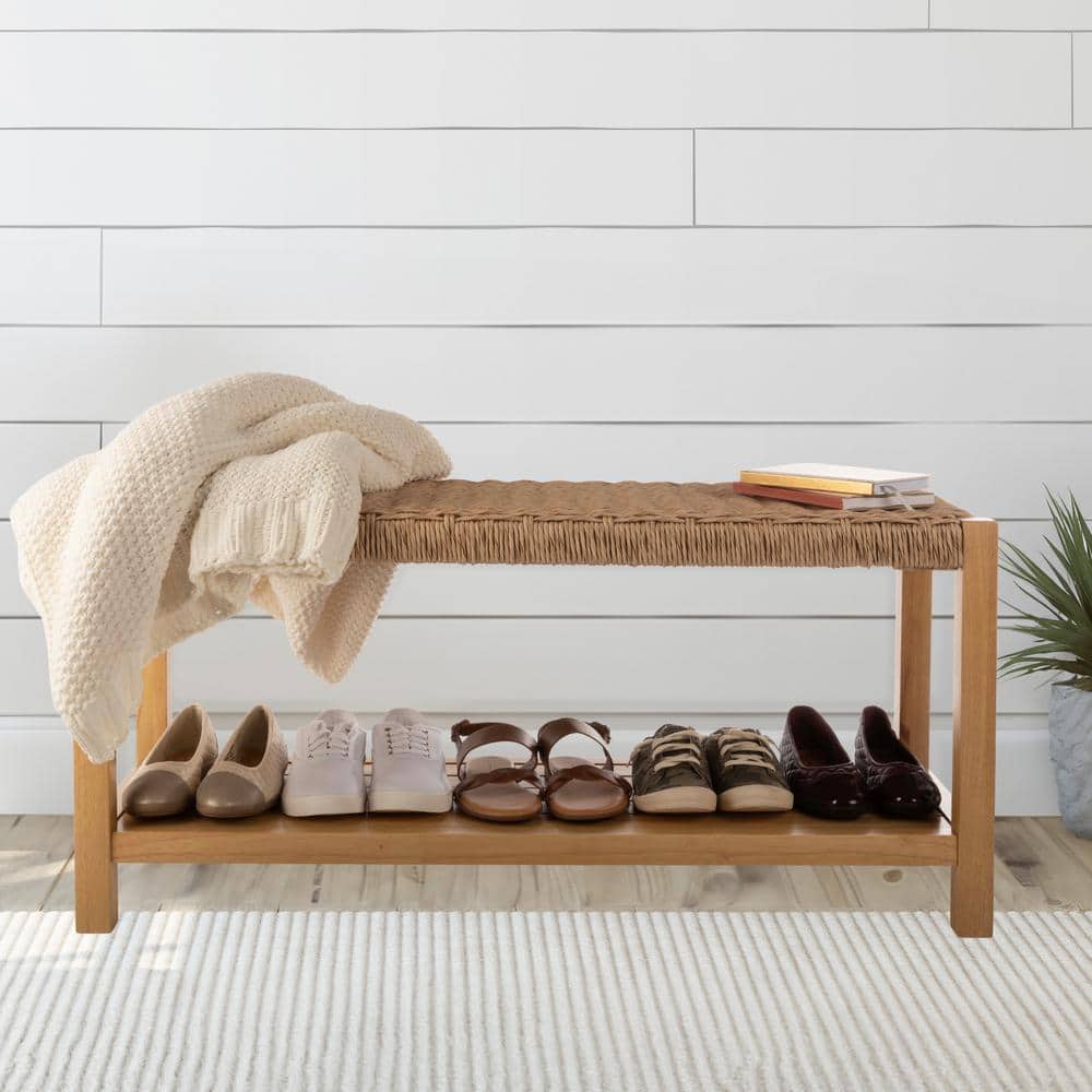 Newport 40-Inch Natural Wood Bench with Woven Rope Seat and Storage Shelf