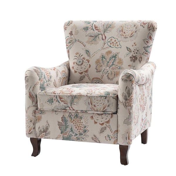 JAYDEN CREATION Vincent Jeacobean Floral Fabric Pattern Wingback Armchair with Solid Wood Legs