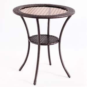 26 in. Brown Round Wicker Outdoor Patio Coffee Table With Lower Shelf