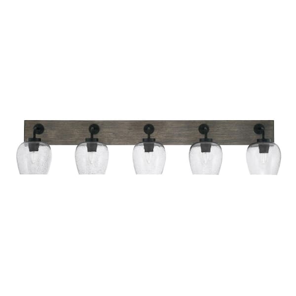 Unbranded Kirby 46.75 in. 5 Light Black and Painted Wood-look Vanity Light with 6 in. Smoke Bubble Glass Shades No Bulbs Included