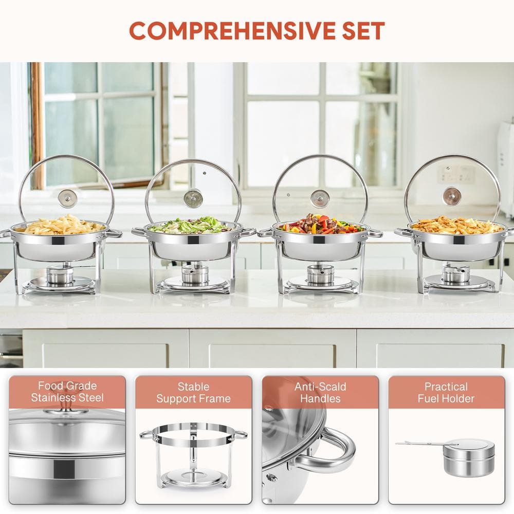 Premium Stainless Steel Round Chafing Dish Set, 6 QT, 4 Pack