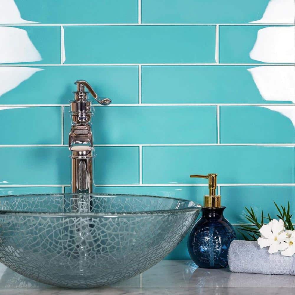 Turkish Blue 3x12 Polished Glass Subway Tile for Kitchen and Bathroom