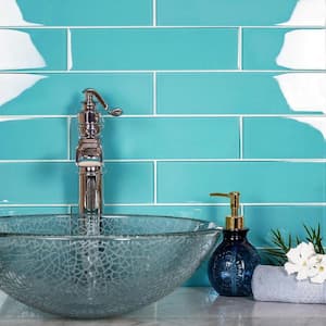 Aqua 3 in. x 12 in. Polished Glass Mosaic Floor and Wall Tile (5 sq. ft./Case)
