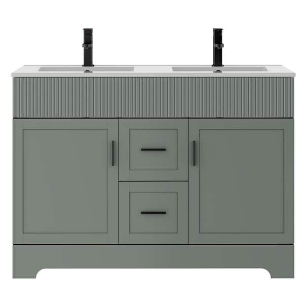 48 in. W. x 18.3 in. D x 34 in. H Double Sink Freestanding Bath Vanity in Green with White Resin Top Drain Faucet Set