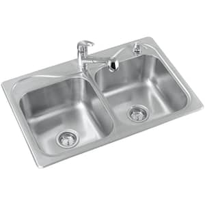 Southaven Drop-In Stainless Steel 33 in. 2-Hole Double Bowl Kitchen Sink with Pull-Out Sink Faucet and Soap Dispenser