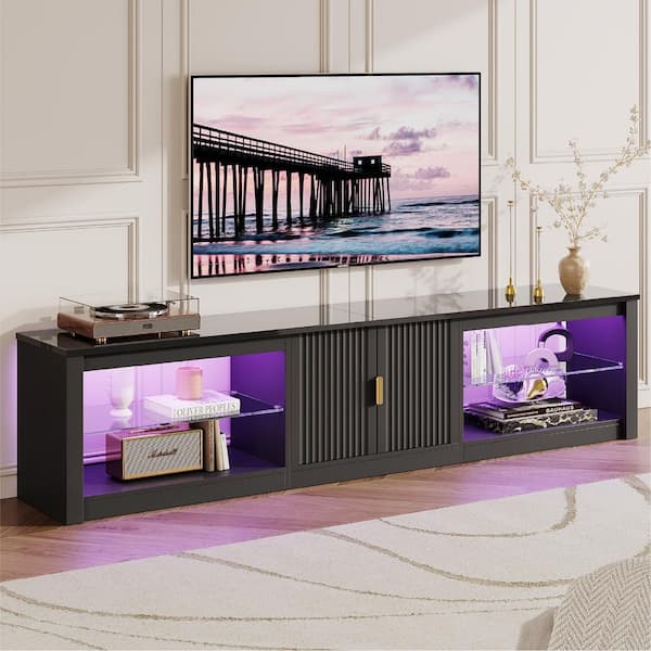 Bestier 80 in. Fluted Glossy Black TV Stand Fits TV Up to 85 in