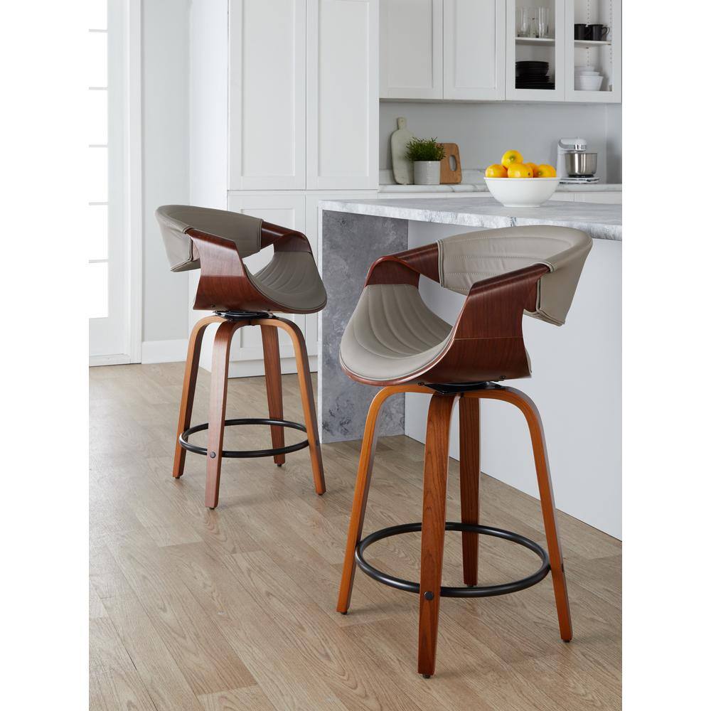 Walnut and Grey Swivel Counter Stool with Metal Footrest