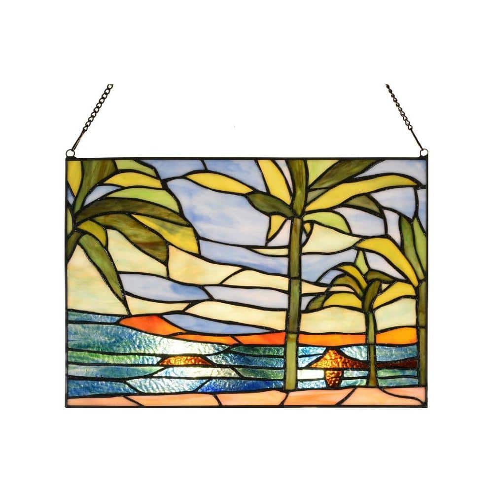 Blue Tropical Palm Trees Stained Glass Art Glass Window HDCP922VX6
