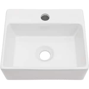 13.2 in. White Ceramic Rectangular Wall-Mounted Bath Vessel Sink Single Bowl Basin without Faucet and Pop-Up Drain