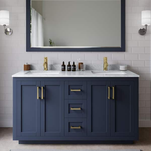 Wyndham Collection Miranda 60 in. W Double Bath Vanity in Dark Blue with Marble Vanity Top in White Carrara with White Basins